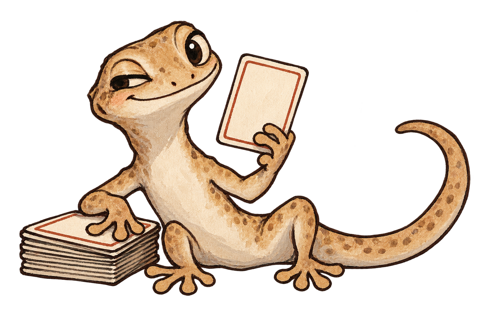 A hand-drawn gecko holding a game card